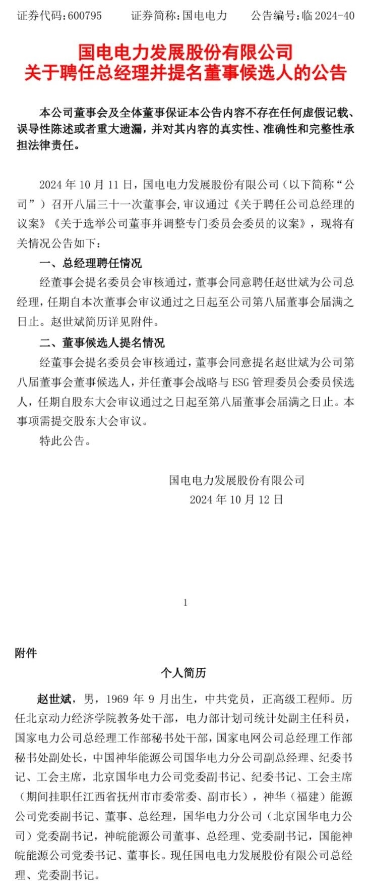 國電電力總經(jīng)理任職