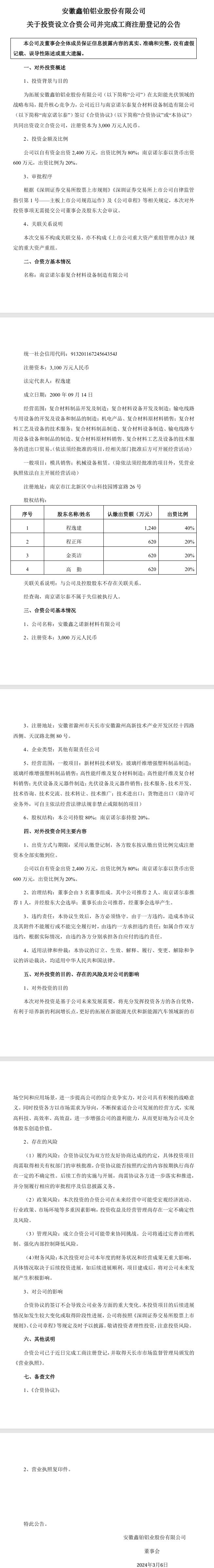 鑫鉑股份：為拓展太陽(yáng)能光伏領(lǐng)域的戰(zhàn)略布局設(shè)立合資公司，出資2400萬(wàn)元