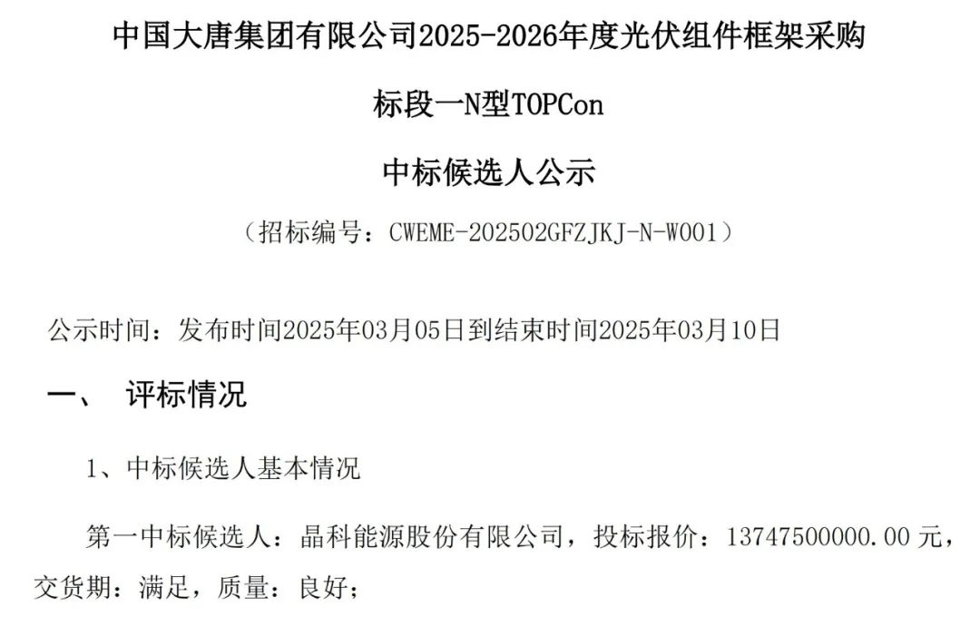 第一中標人！晶科能源入圍大唐集團19.5GW光伏組件集采