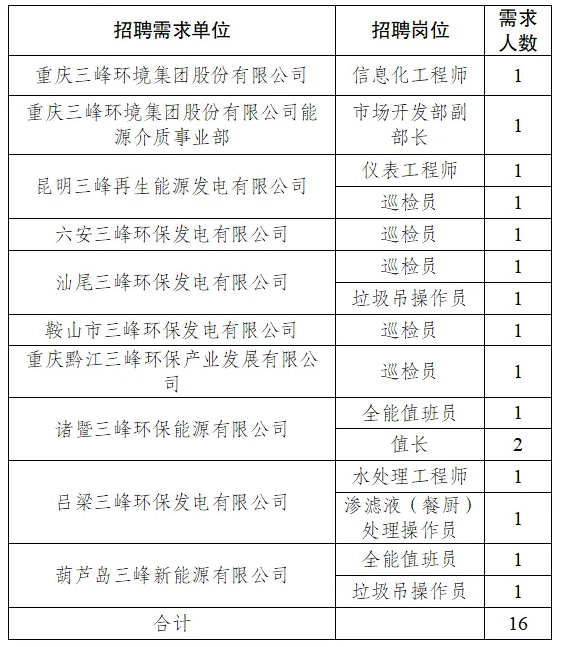 副部長、巡檢員、水處理工程師……重慶三峰環(huán)境集團公開招聘