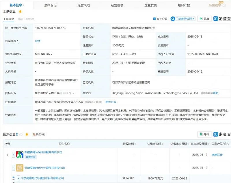 高能環(huán)境等在新疆投資成立環(huán)境技術(shù)服務(wù)公司