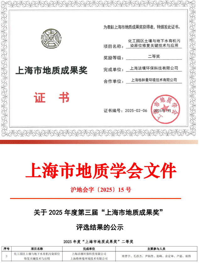 實(shí)樸檢測子公司潔壤環(huán)保榮膺上海市地質(zhì)成果獎！